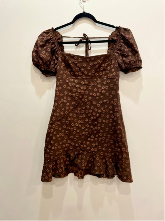 Storia Dresses & Skirts - STORIA Brown Floral Babydoll Mini Dress L Puff Sleeves Fairy Grunge Asymmetric